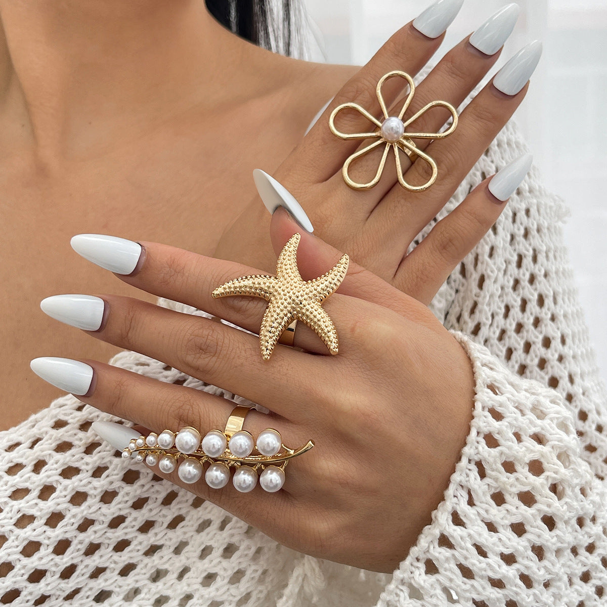 Ocean Symphony: Hollow Flower Feather Knuckle Ring