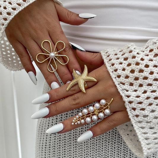 Ocean Symphony: Hollow Flower Feather Knuckle Ring