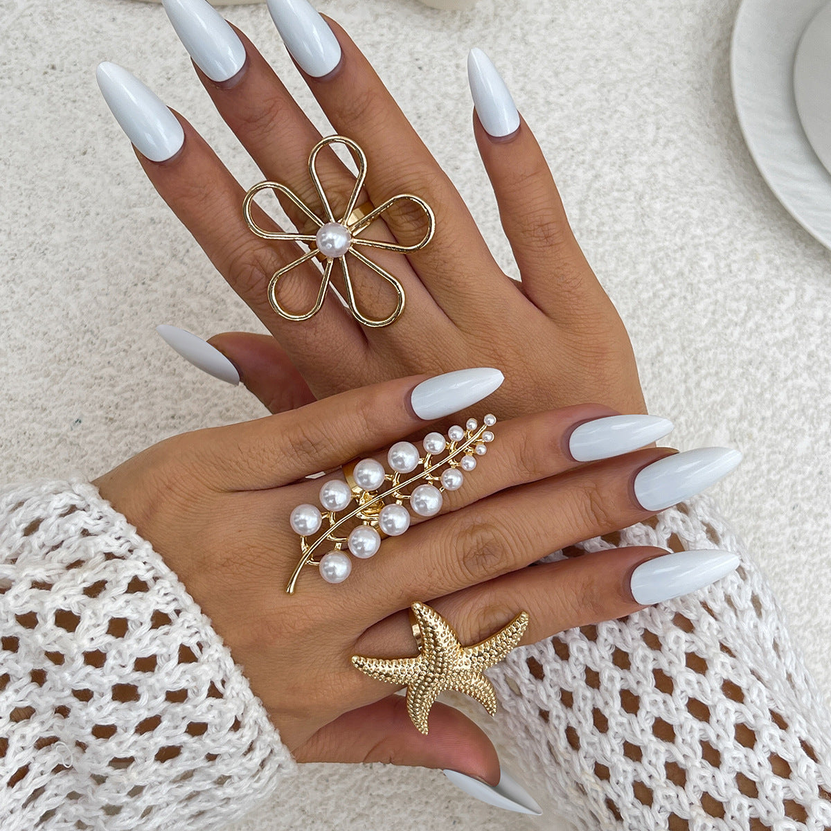 Ocean Symphony: Hollow Flower Feather Knuckle Ring